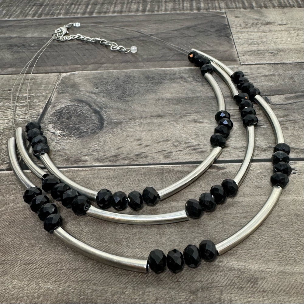 Layered Black Crystal & Silver Tube Wire Statement Piece Necklace